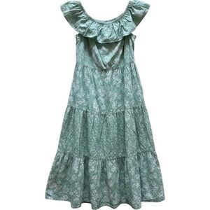 Cottagecore Milkmaid Green Floral‎ Smocked Dress Midi Tiered Boho M Garden Party